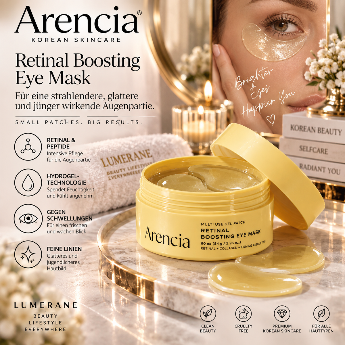 Arencia Retinal Boosting Hydrogel Augenmaske – Peptid Eye Patches gegen Schwellungen & feine Linien | 60 Stück