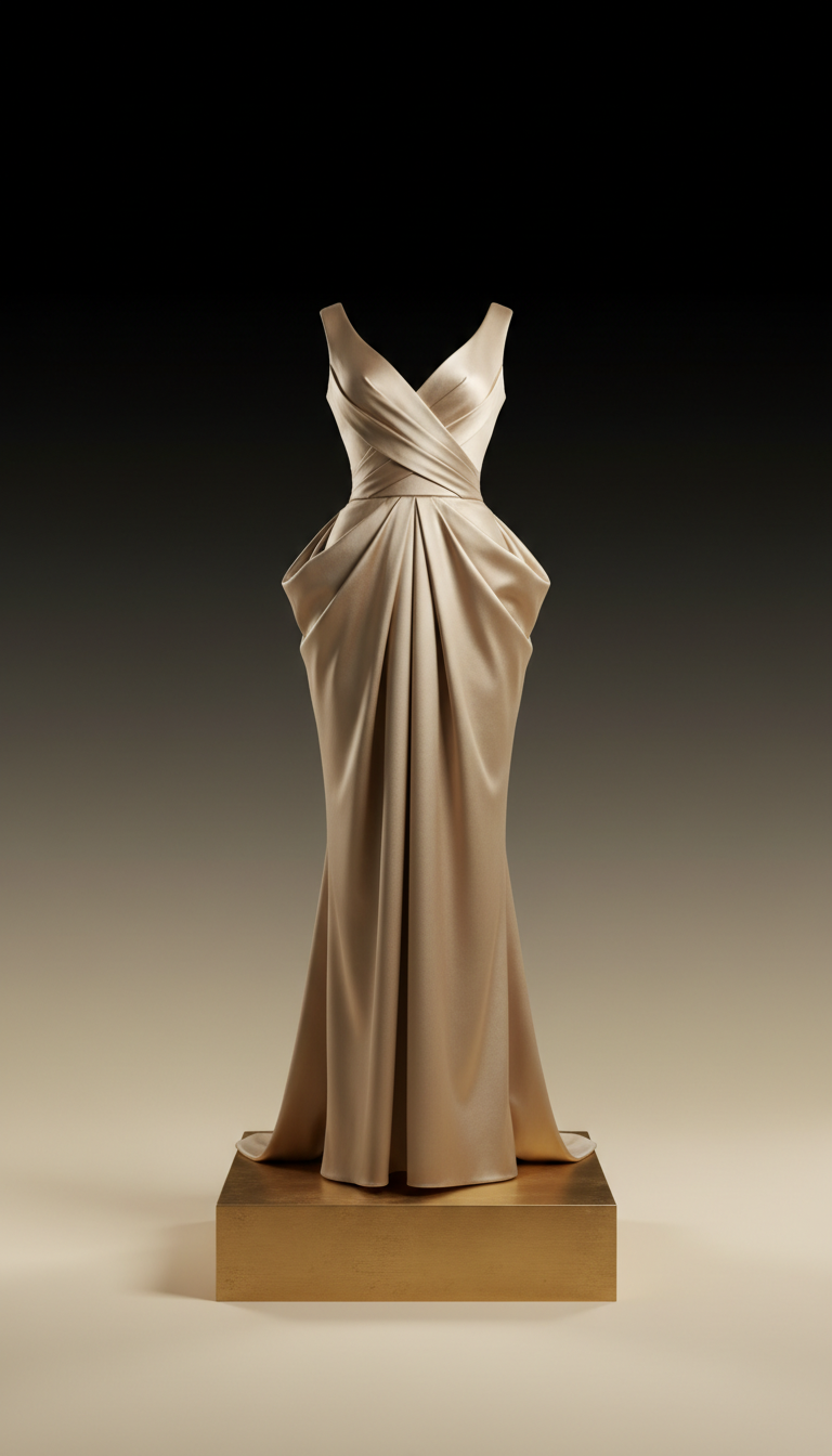 Champagne silk architectural evening gown