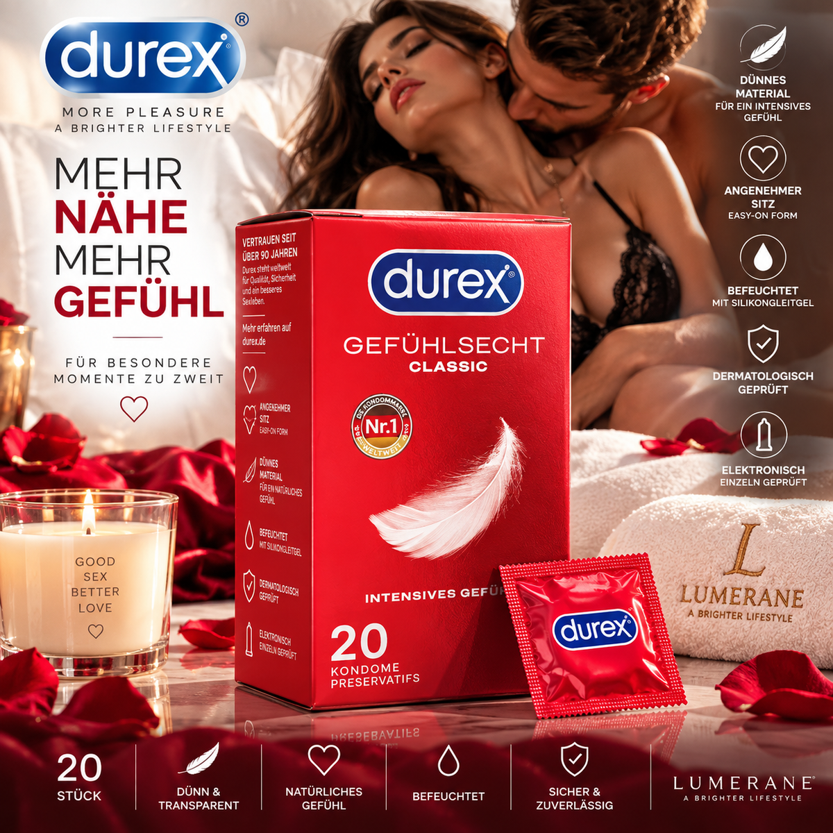 Durex Gefühlsecht Classic Kondome – 20 Stück | Dünn, komfortabel & intensives Gefühl