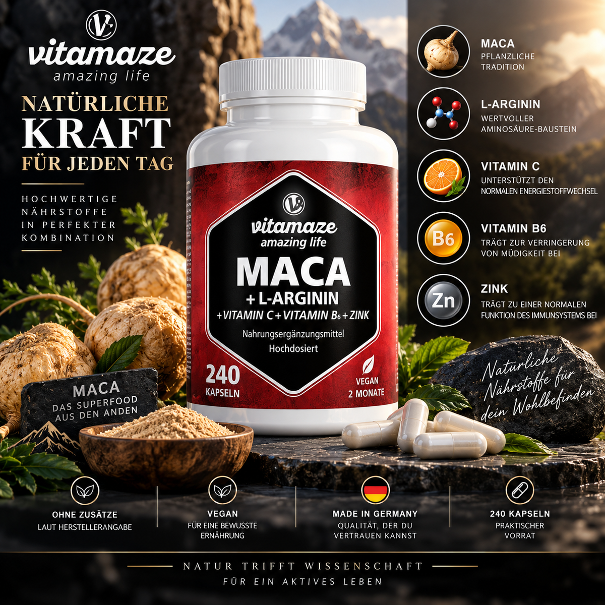 Vitamaze Maca + L-Arginin – 240 Kapseln
