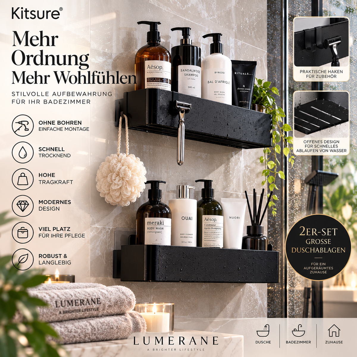 Kitsure Duschablage ohne Bohren – 2er-Set | Große Badezimmer-Organizer in Schwarz