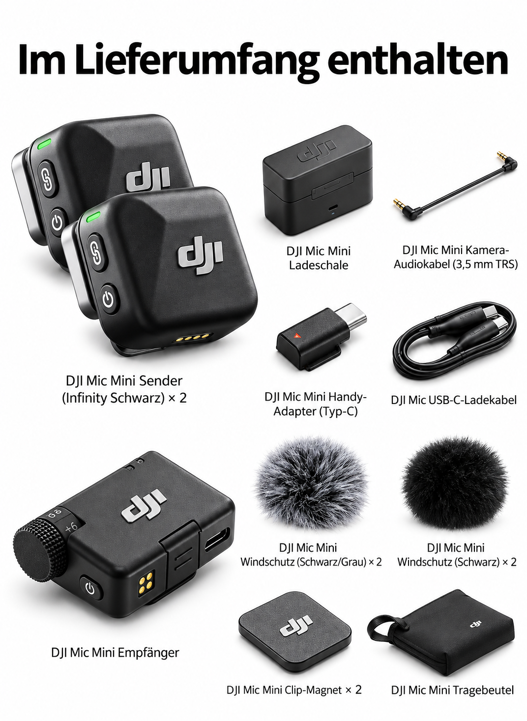 DJI Mic Mini (2 Sender + 1 Empf. + Ladesch.), Ultraleicht, Detailr. Audio