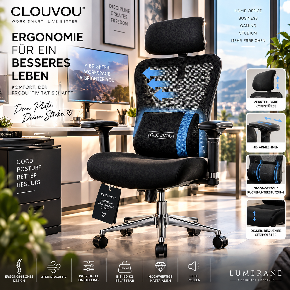 CLOUVOU CleverSeat Ergonomischer Bürostuhl – Premium Komfort fürs Home Office