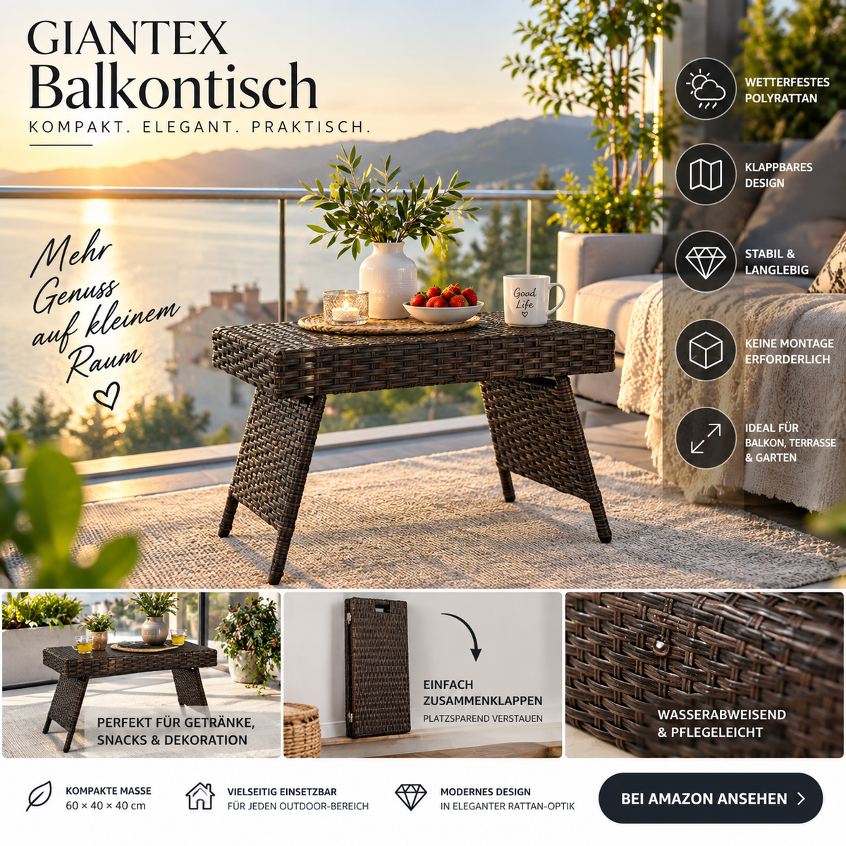 GIANTEX Klappbarer Balkontisch – Wetterfester Polyrattan Beistelltisch für Balkon & Terrasse