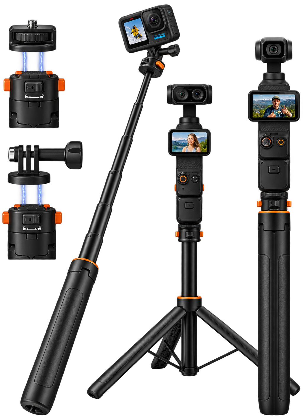 163CM Pocket 3 4 4P Selfiestick Stativ für Actionkameras, verlängerbare Halterung mit Schnellwechsel 1/4'' Schraube für Vlogs, für GoPro, für DJI Osmo Action 6 5 Pro 4, Insta360 X6 X4 X5 DSLR Zubehör