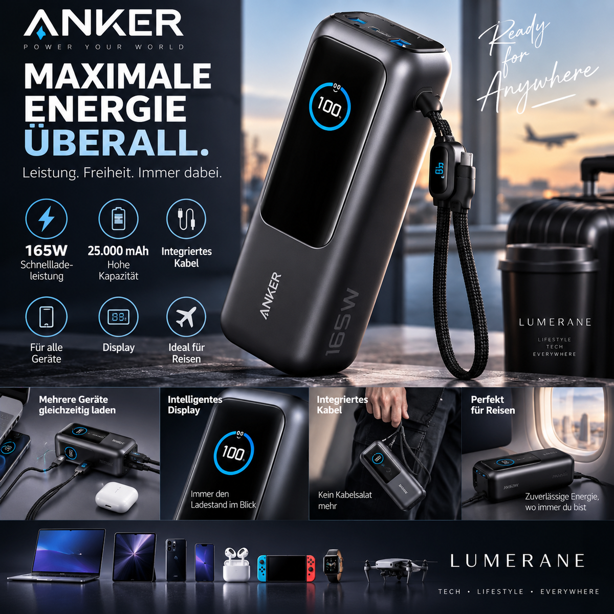 Anker Powerbank 165W – 25.000 mAh Schnelllade-Powerbank mit integriertem Kabel