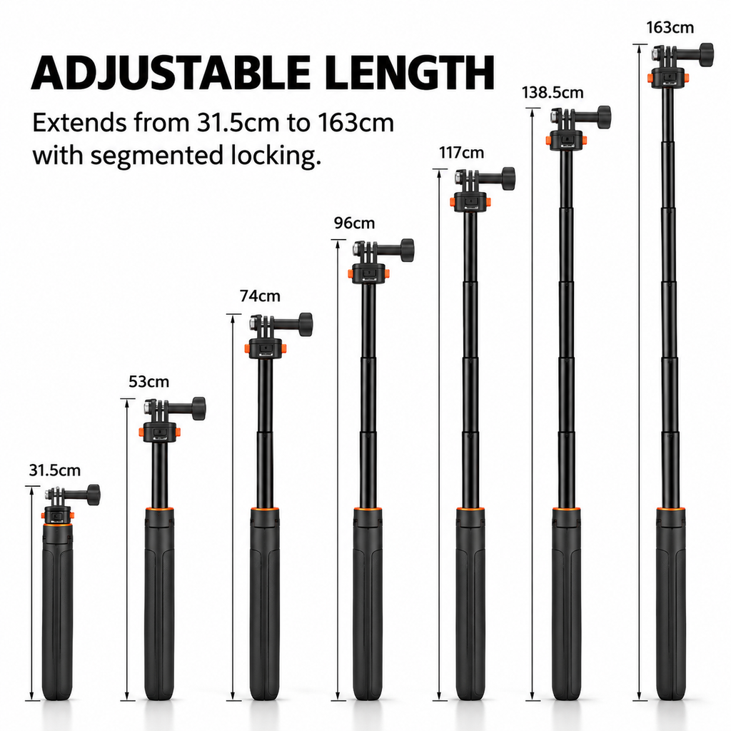 163CM Pocket 3 4 4P Selfiestick Stativ für Actionkameras, verlängerbare Halterung mit Schnellwechsel 1/4'' Schraube für Vlogs, für GoPro, für DJI Osmo Action 6 5 Pro 4, Insta360 X6 X4 X5 DSLR Zubehör