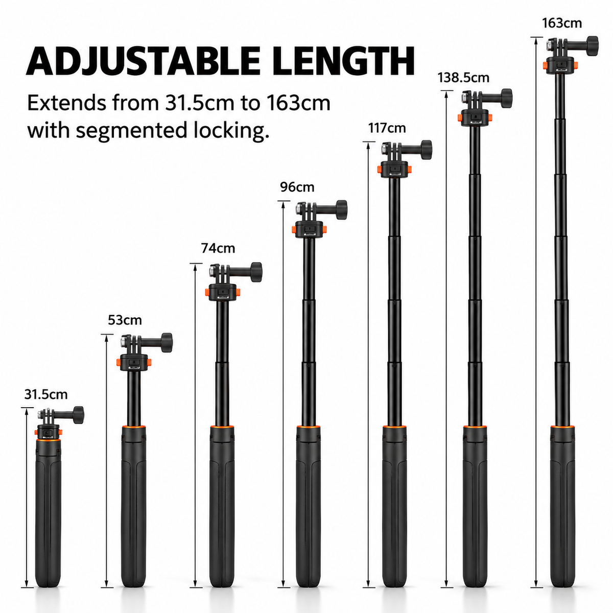 163CM Pocket 3 4 4P Selfiestick Stativ für Actionkameras, verlängerbare Halterung mit Schnellwechsel 1/4'' Schraube für Vlogs, für GoPro, für DJI Osmo Action 6 5 Pro 4, Insta360 X6 X4 X5 DSLR Zubehör