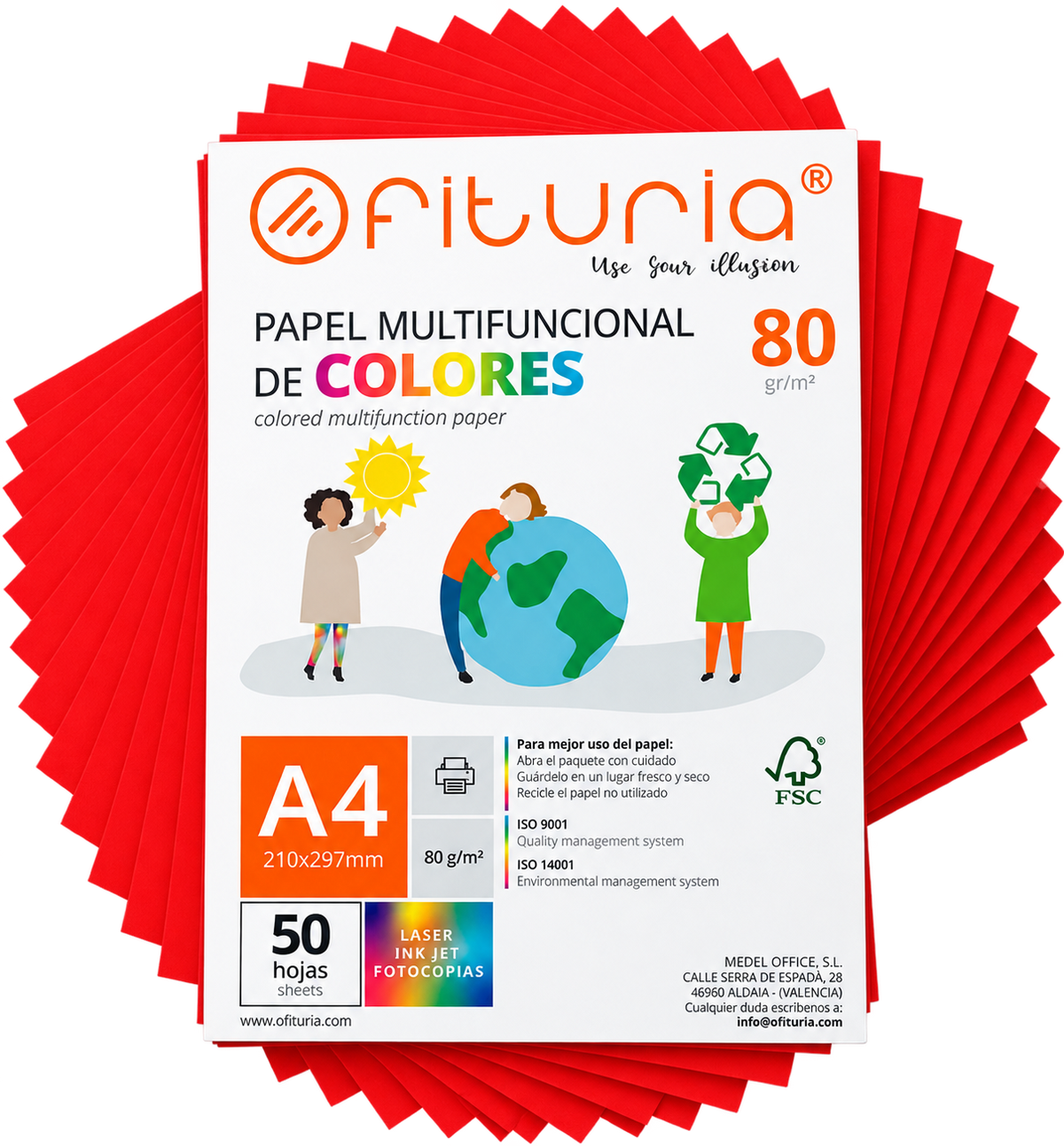 OFITURIA Buntes Papier, 50 Blatt A4 80g – Farbiges Papier für Basteln, Drucker, Scrapbooking – Farbbögen (Rot, 50 Blatt)