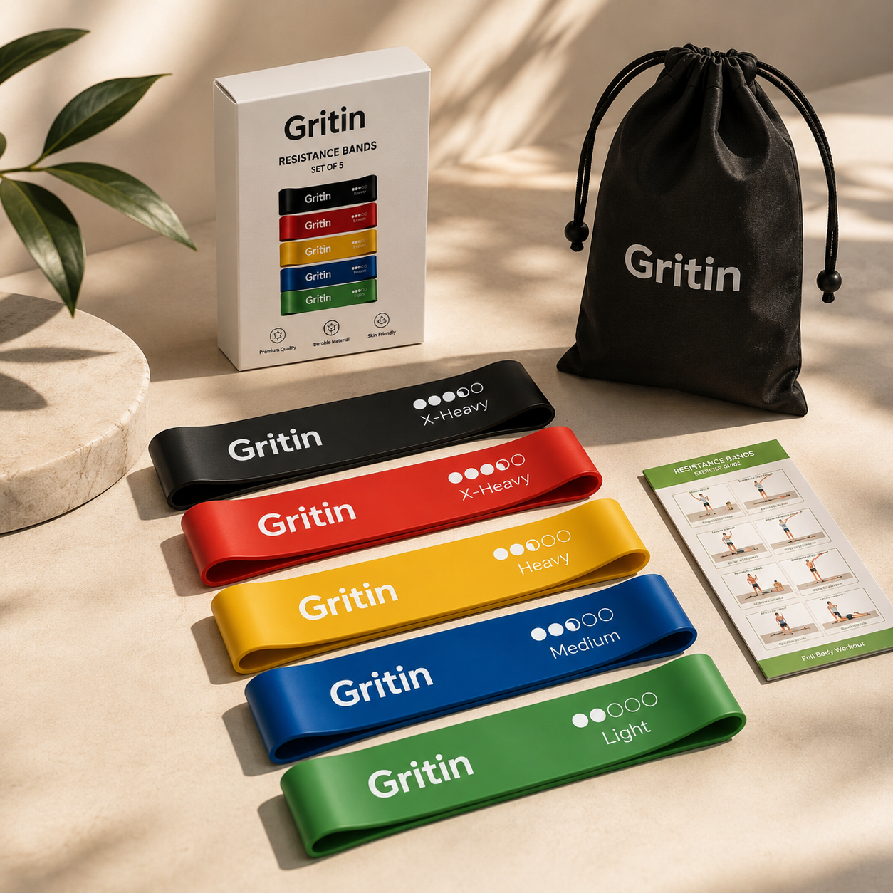 Gritin Fitnessbänder – Widerstandsbänder Set mit 5 Stärken