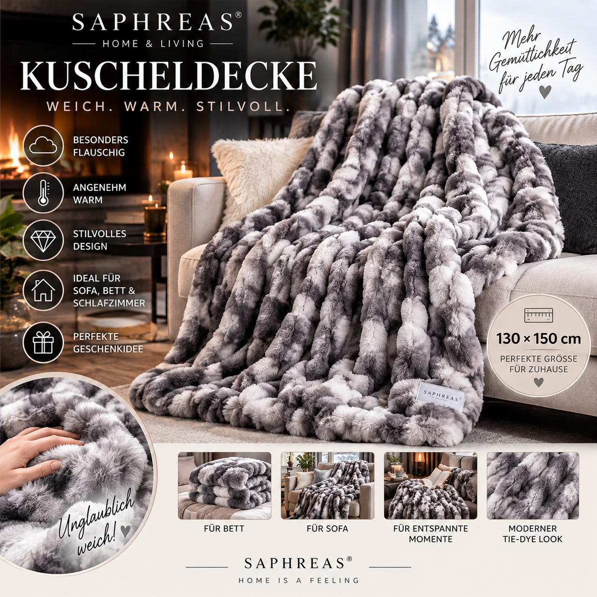 SAPHREAS Premium Kuscheldecke – Flauschige Furry Bubble Sofadecke | Warm & Weich | 130 × 150 cm – Tie-Dye Grau