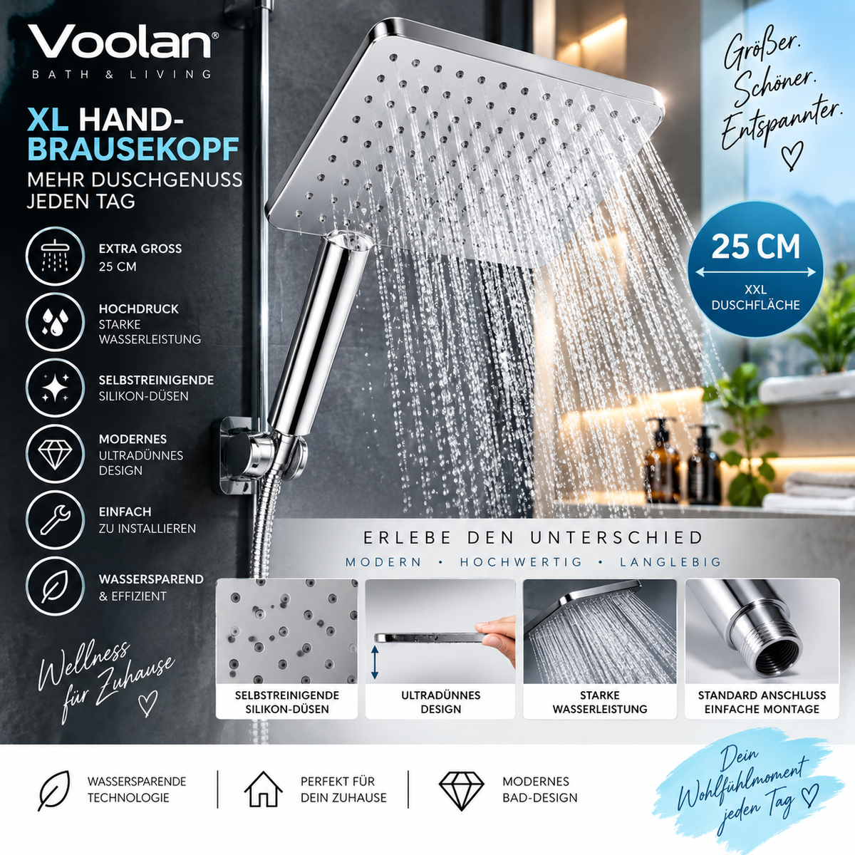 Voolan XL Regenduschkopf – 25 cm Hochdruck-Handbrause | Ultradünn & Selbstreinigend | Chrom