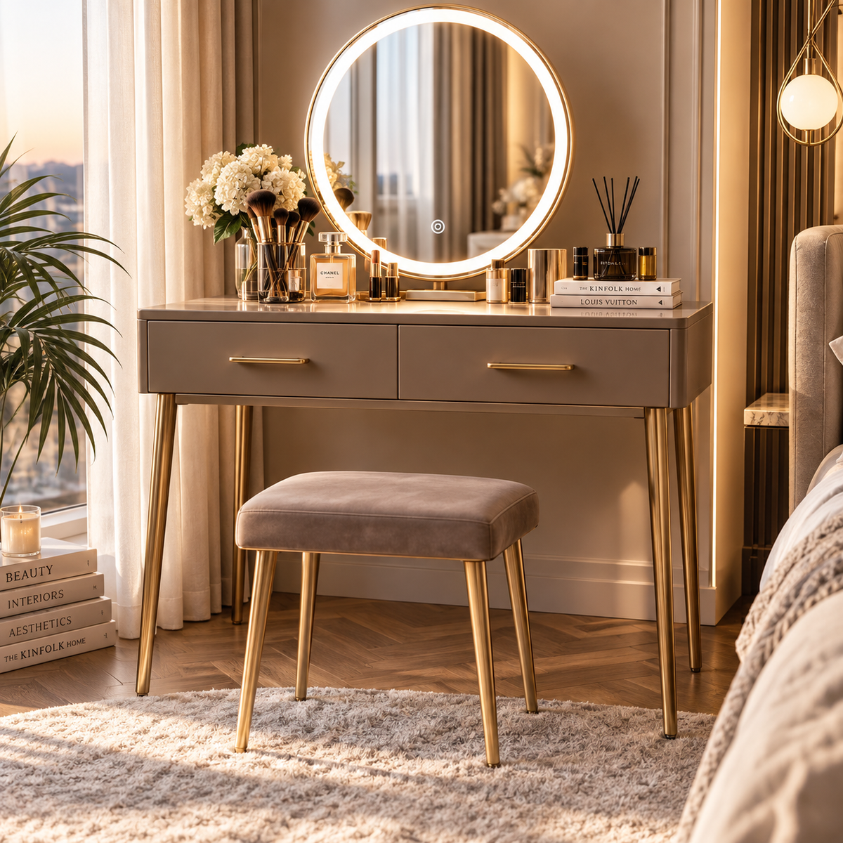 Modern Vanity Table with LED Mirror & Stool – Coffee