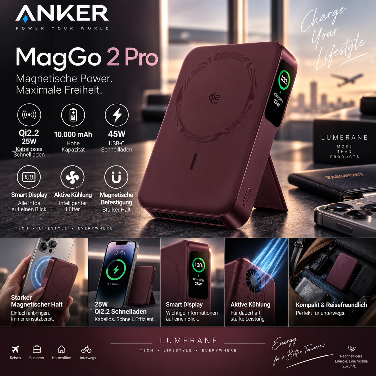 Anker MagGo Powerbank 2 Pro – 10.000 mAh, Qi2.2 25W Magnetisches Schnellladen & Smart Display
