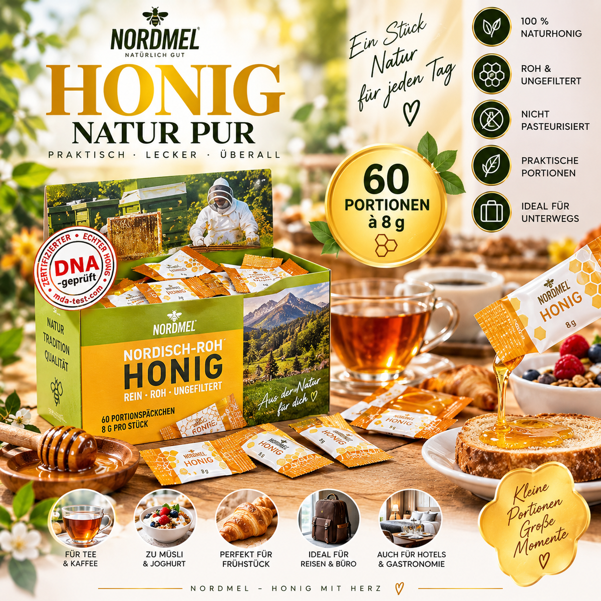 Nordmel Naturhonig Portionspäckchen – Cremiger Rohhonig | 60 × 8 g Einzelportionen