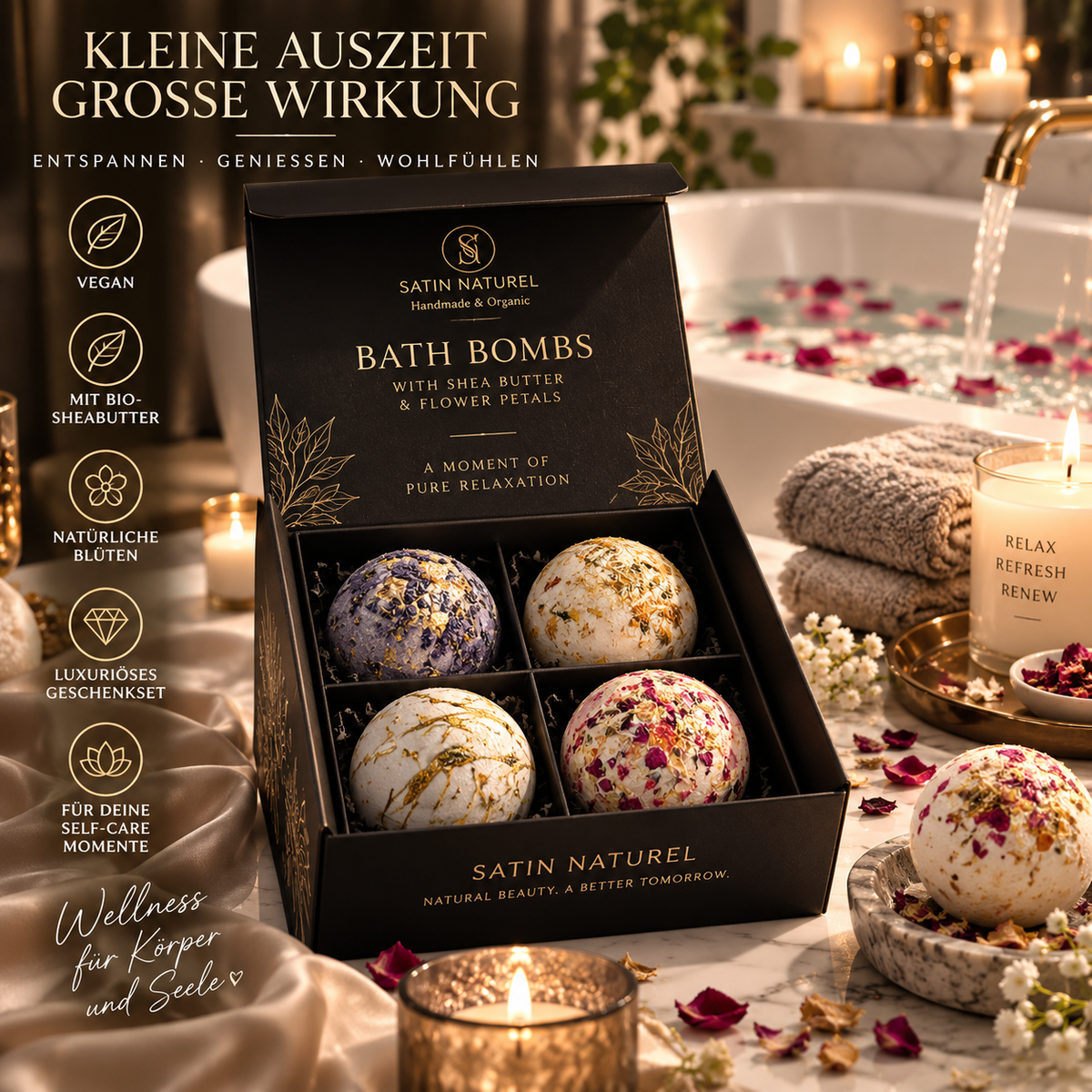 Satin Naturel Bio Badebomben – 4er Wellness-Set