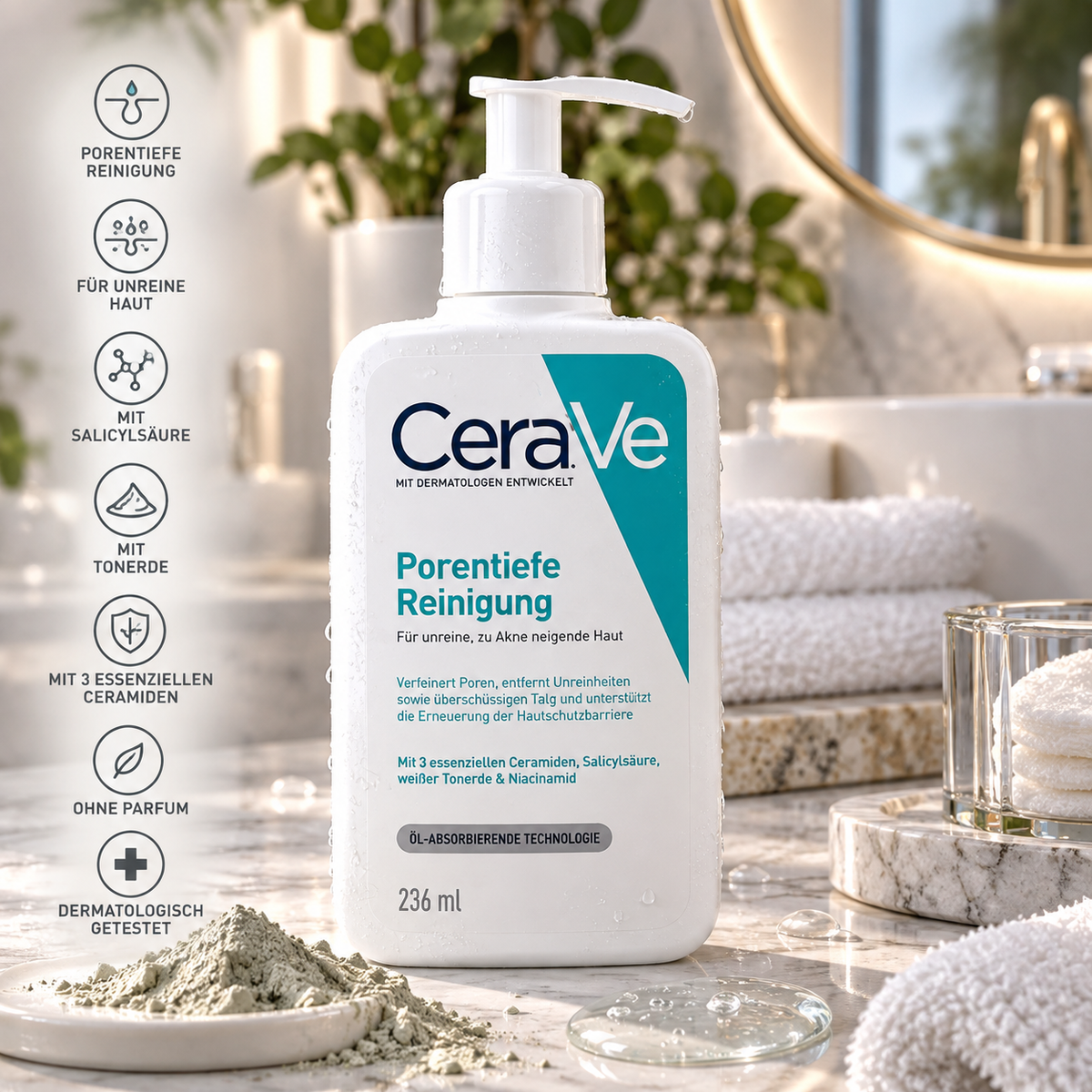 CeraVe Porentiefe Reinigung – Gesichtsreinigung mit Salicylsäure & Tonerde | 236 ml