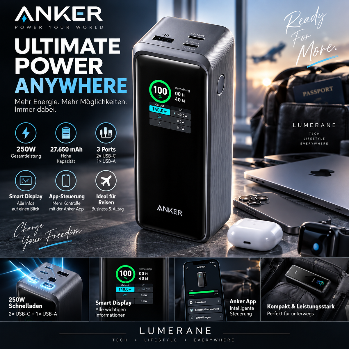 Anker Prime Powerbank 27.650 mAh – 250W Schnellladen, 3 Ports & Smart Display